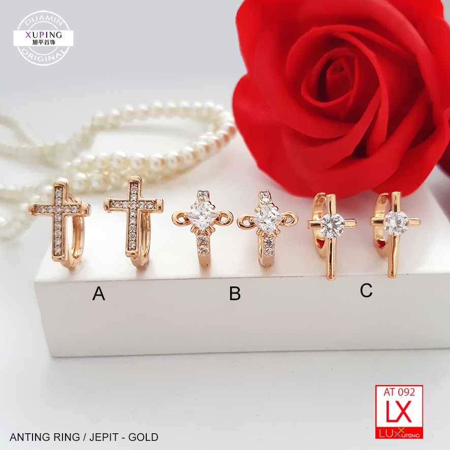 AT 092 Anting Xuping Ori Premium Quality Anting Salib Perhiasan Rohani Kristen Katolik Permata Kristal Sirkon Giwang Salib Tanpa Kospus Tubuh Yesus Luxx Xuping