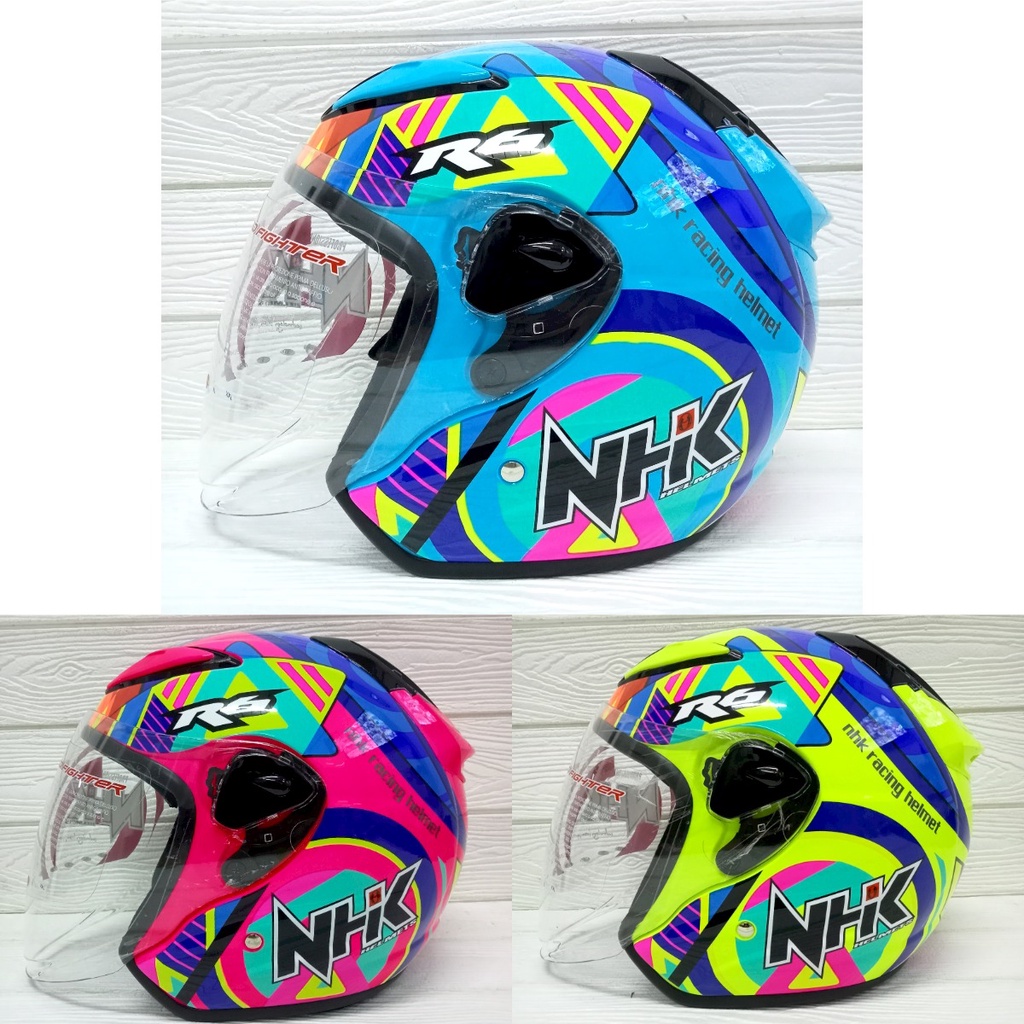Helm NHK R6 Motif Pigment Blue Fluorecent Biru Flo Stabilo Half Face Biru Stabilo Pigmen R-6 R 6