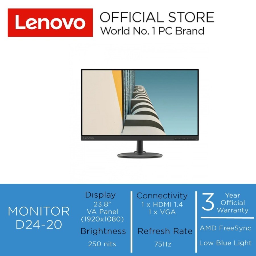 D24-20 23.8&quot; LED Monitor Lenovo FHD VGA HDMI 75hz, 72% NTSC - Garansi Resmi