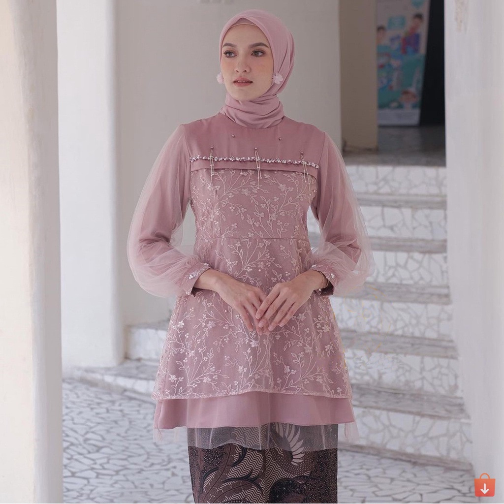 AMIRA SET - Kebaya Brukat Warna Navy - Kebaya Tille Brokat Mutiara - Kebaya Rok Batik Modern - Kebaya Wisuda Modern Kekinian Termurah