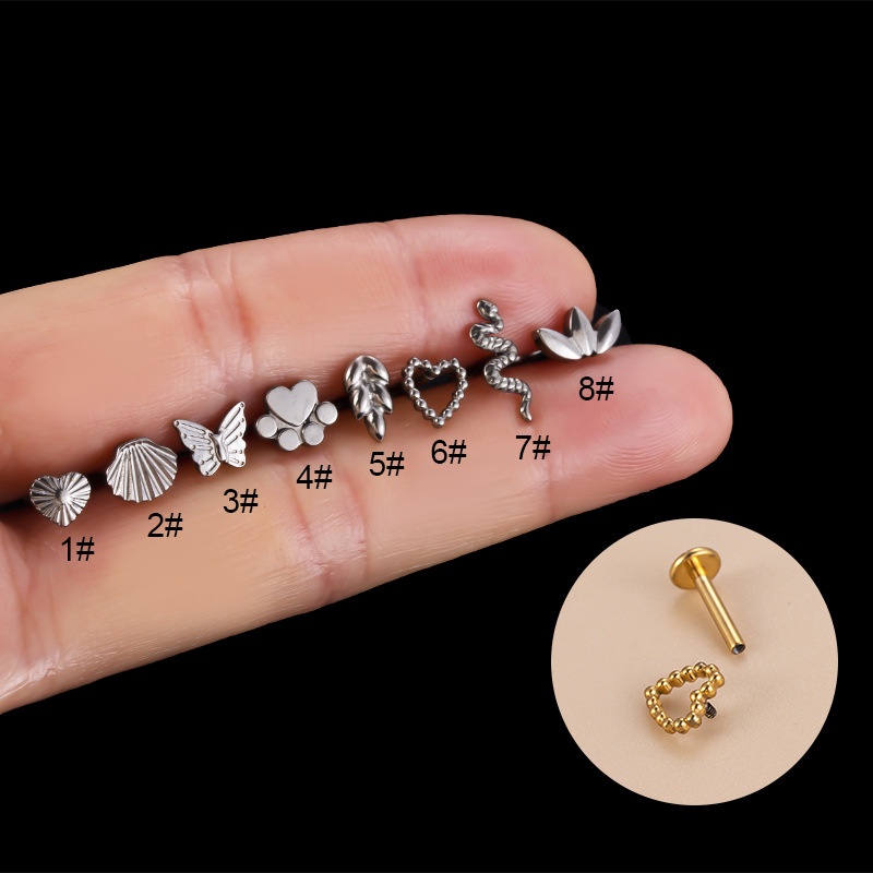 1biji Hati Bentuk Kupu-Kupu Baja Titanium Helix Bibir Labret Piercing Anting Stud Hypoallergenic 16Gauge Benang Internal Perhiasan Tubuh