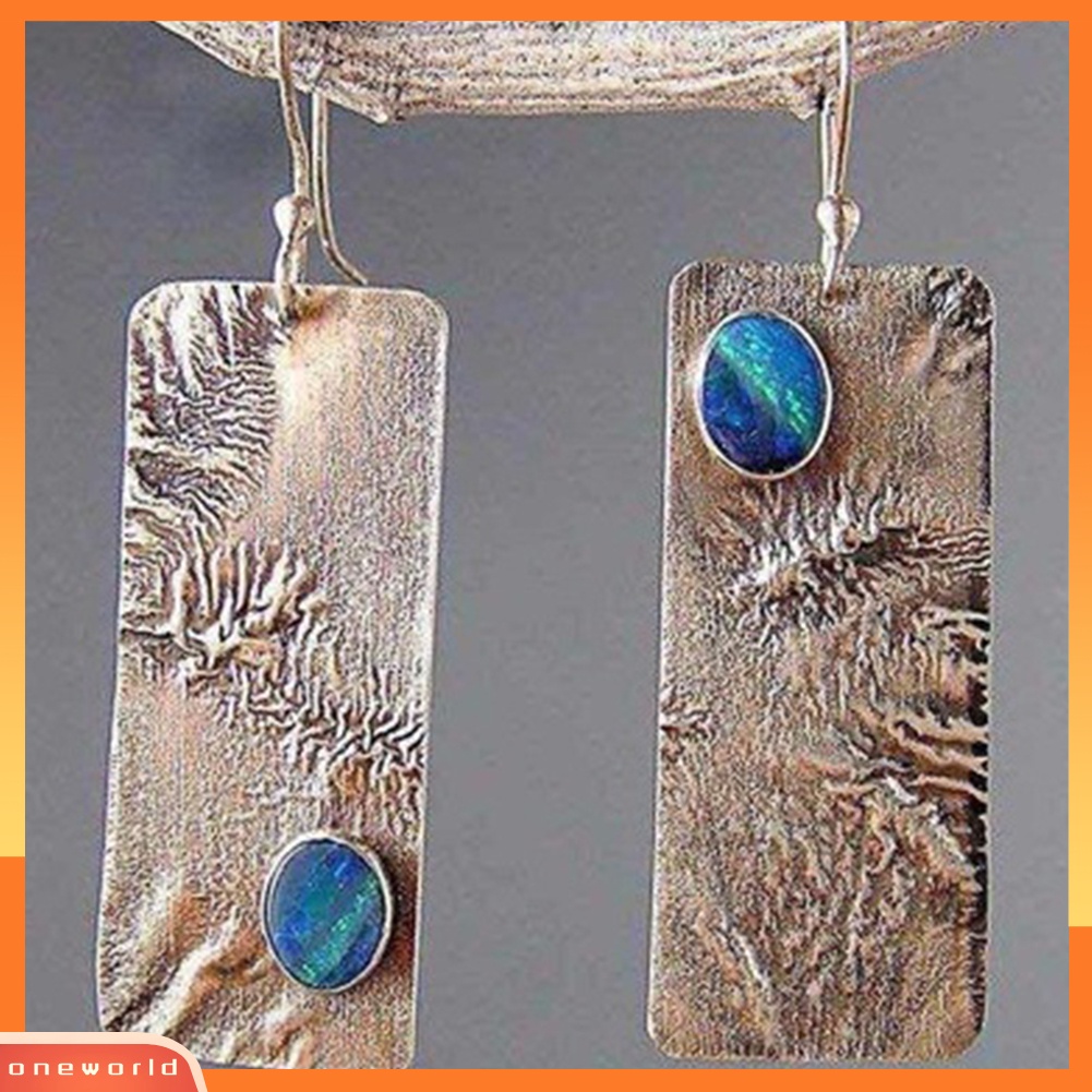 [WONE] Vintage Wanita Faux Turquoise Hias Persegi Panjang Menjuntai Kait Anting Perhiasan Hadiah