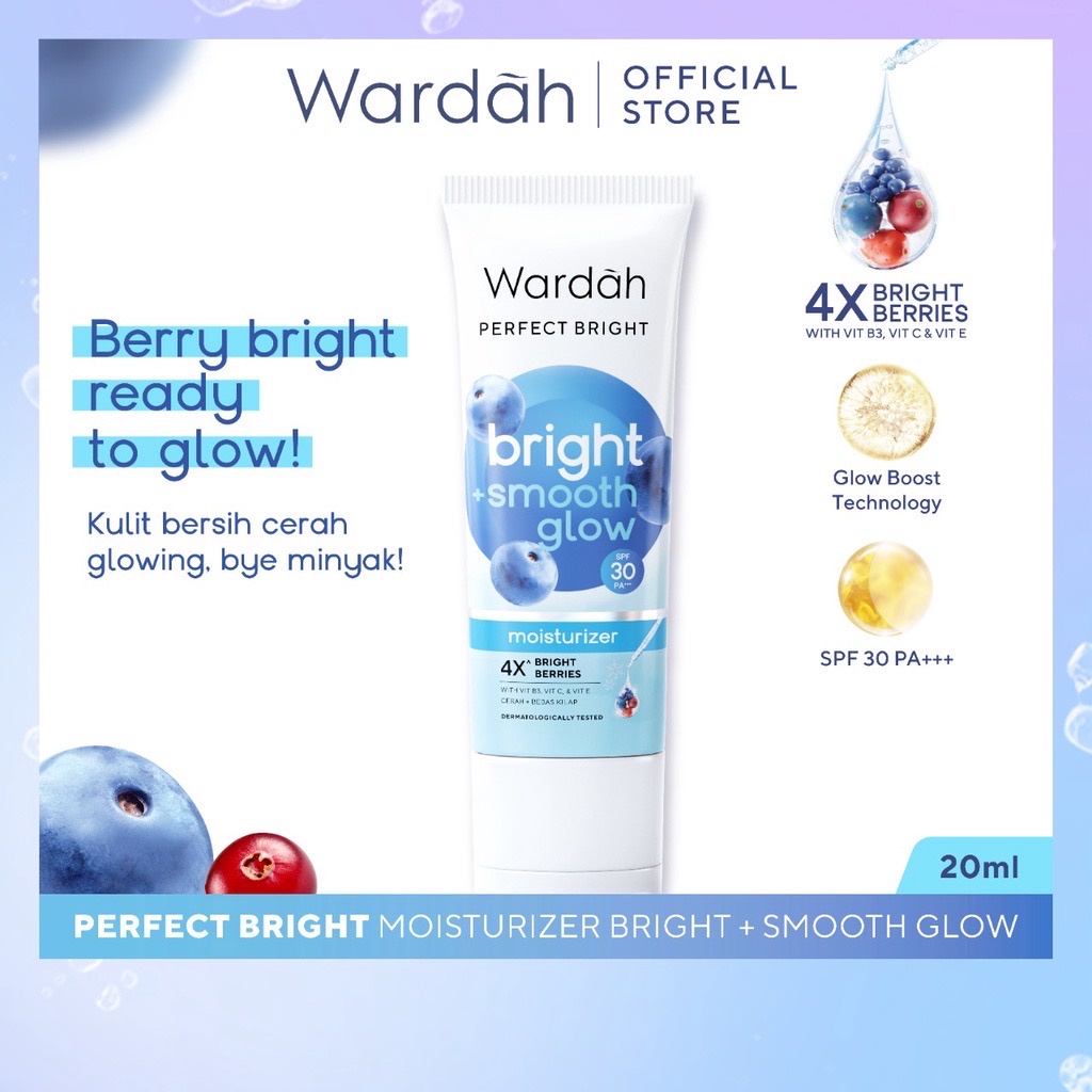 WARDAH Perfect Bright Moisturizer Bright + Smooth Glow SPF 30 PA+++ Indonesia / Pelembab Wajah 20ml / 4X Bright Berries / With Vit B3 C E / Cerah + Bebas Kilap / Skincare Face Care Series / Facial Cream Melembabkan Berminyak Halus Sunscreen Sinar Matahari