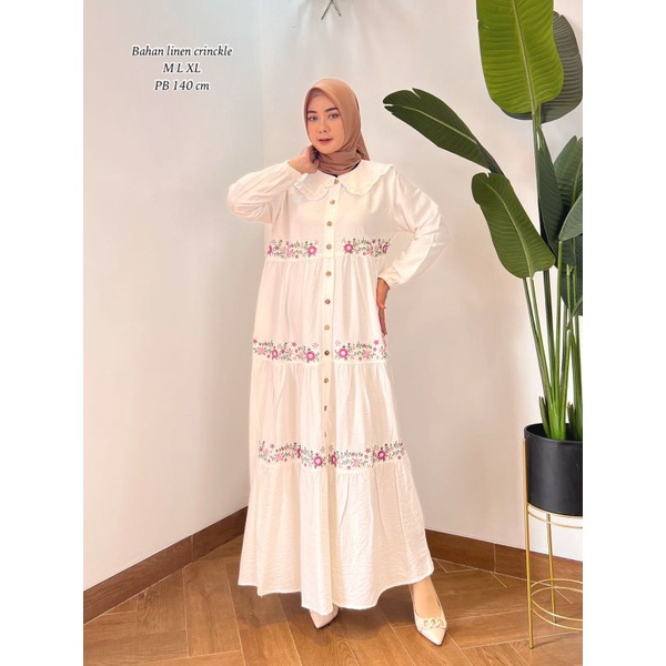 ZAJA - Terbaru Baju Gamis Cantik Warna Putih Linen Crinckel Polos Motif Bordir Mewah Untuk Lebaran / Dress Katun Polos Dan Bordir Komputer / Gamis madina asnah toyobo bordir comouter desain mewah dan elegant menambah kasual penampilan dress