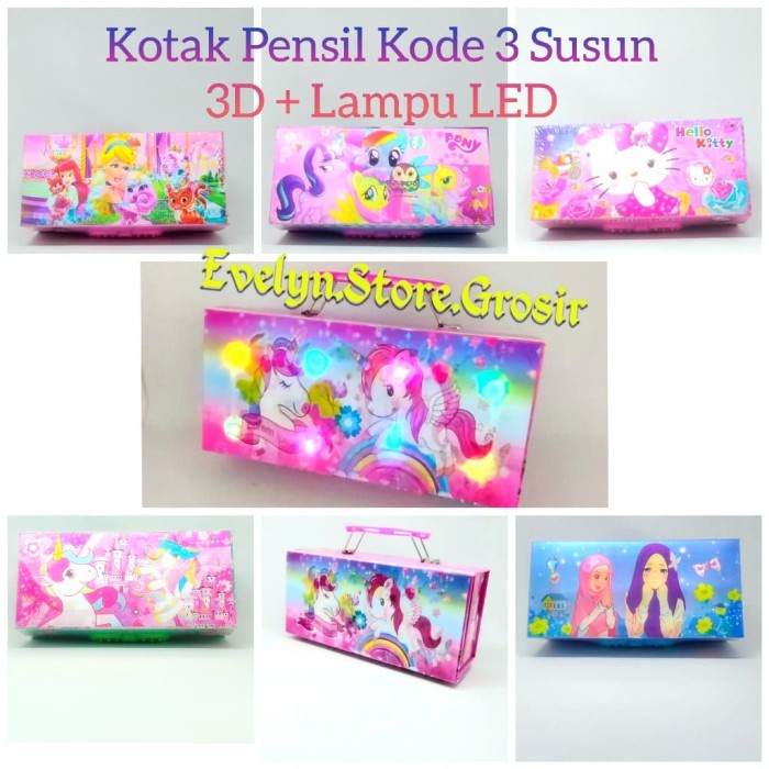 

Tempat Pensil Kotak Pensil Kode 3D + Lampu Led 3 Susun Lol Unicorn Avengers Frozen
