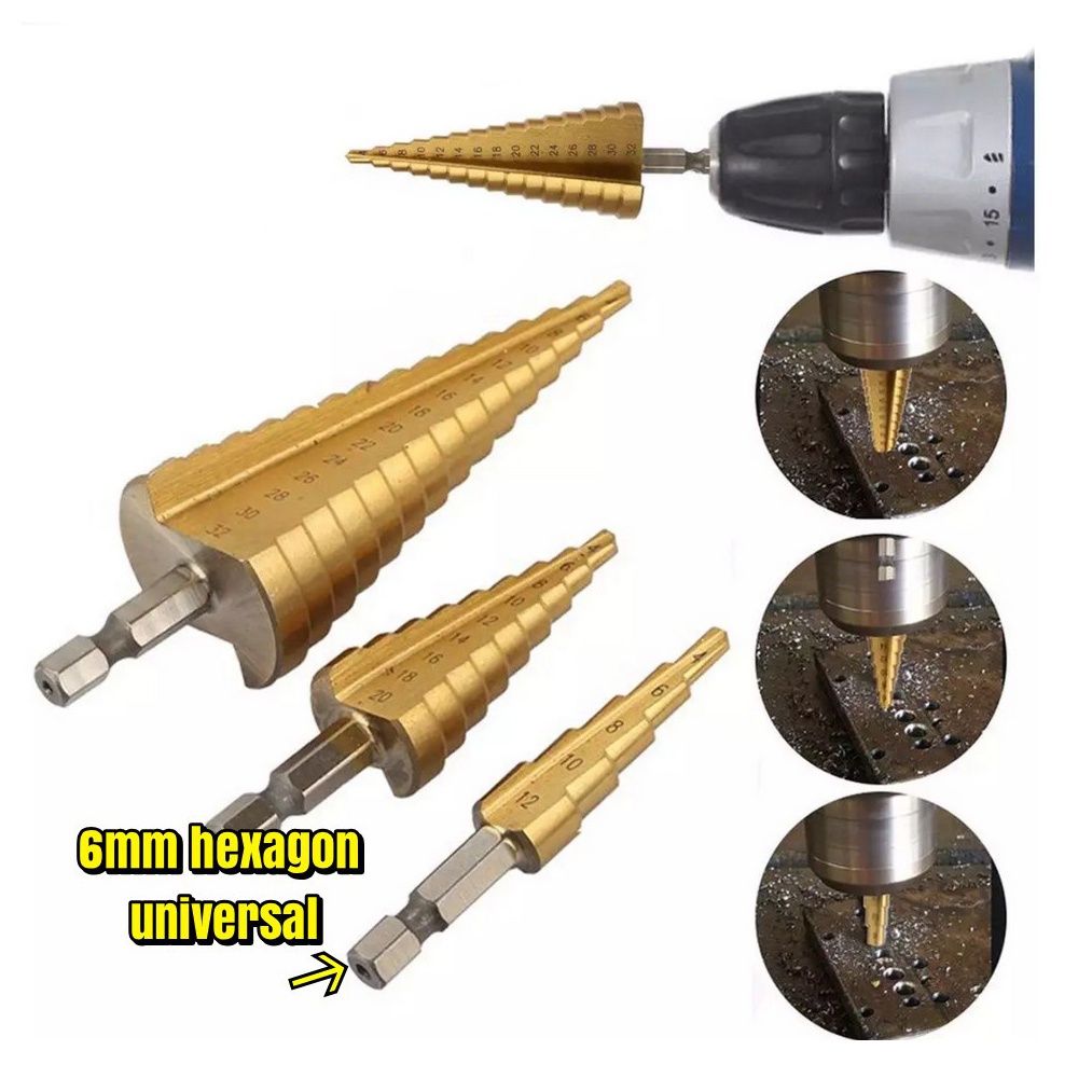 Mata Bor Pagoda Untuk Baja 3 Pcs Spiral Titanium HSS Steel Coated