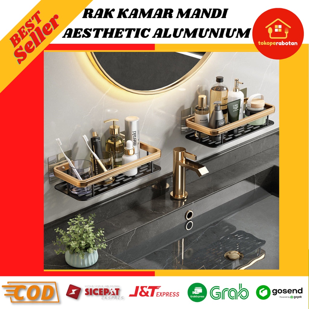 Rak Gantung Kamar Mandi Rak Sabun Shampo Skincare Aesthetic Rak Toilet Tempel Aluminium 2 Pcs Premiu