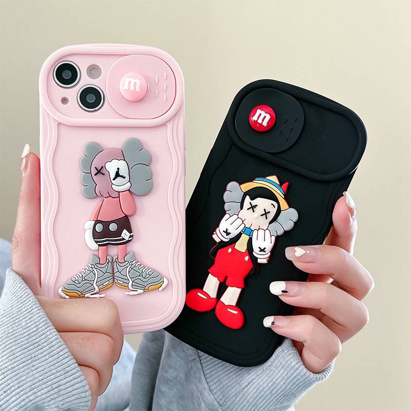 Black Gloomy Bear Doll Push The Window Cover Soft Case iP iPhone 11 12 13 14 Pro Max + Plus Wavy Casing Apple