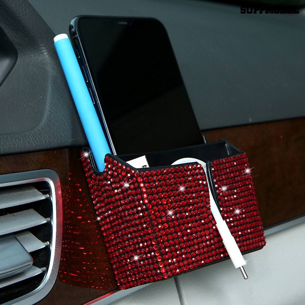 [Dekorasi] Kotak Penyimpanan Mobil 2-kompartemen Tahan Air Anti Jatuh Anti Gores Tempel Jenis Berlian Imitasi Bertatahkan Casing Ponsel Mobil Untuk Kendaraan