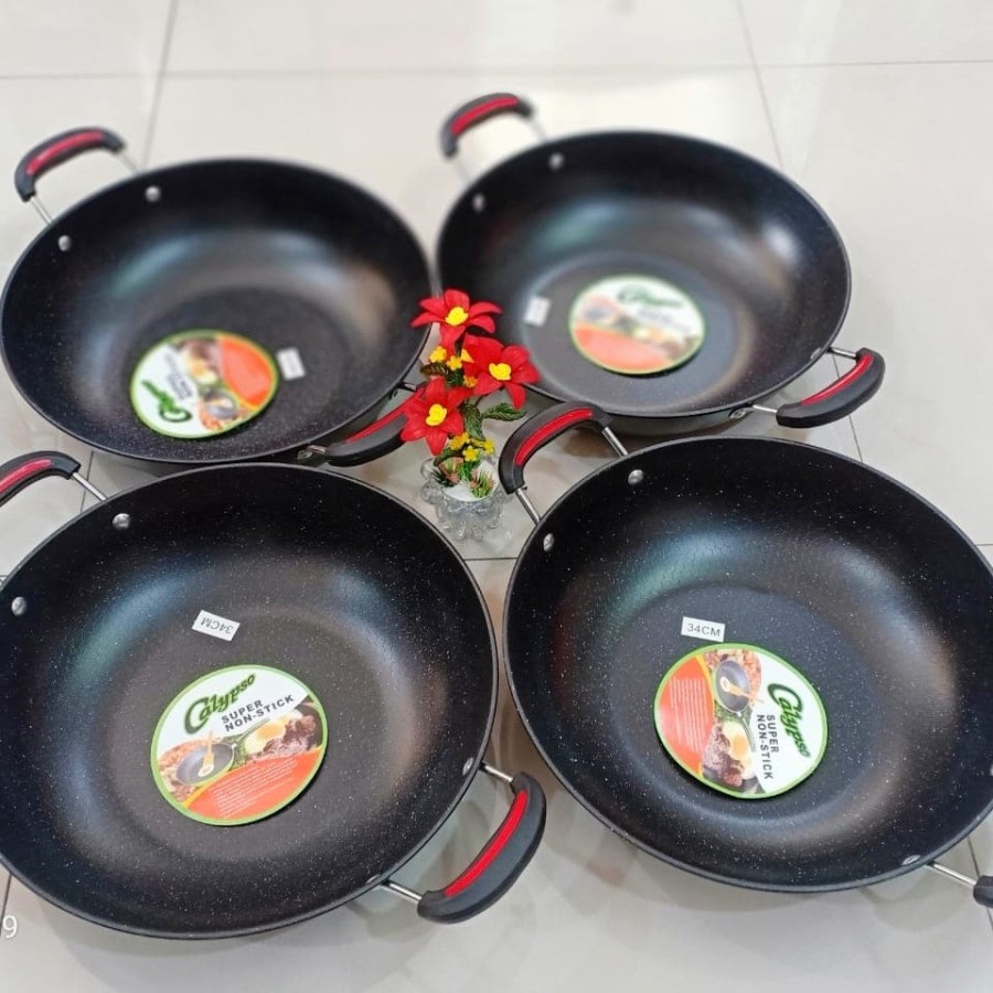 Calypso wok pan wajan hitam wajan enamel anti lengket 30cm 32cm