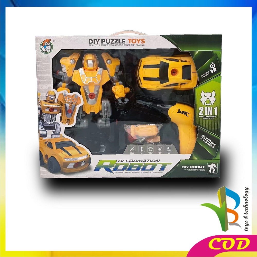 RB-M214 Mainan Robot Anak Laki Laki Robot Deformation 2IN1 DIY Puzzle Toys Mainan Bongkar Pasang Dengan Obeng Listrik / Mainan Mobil Mobilan