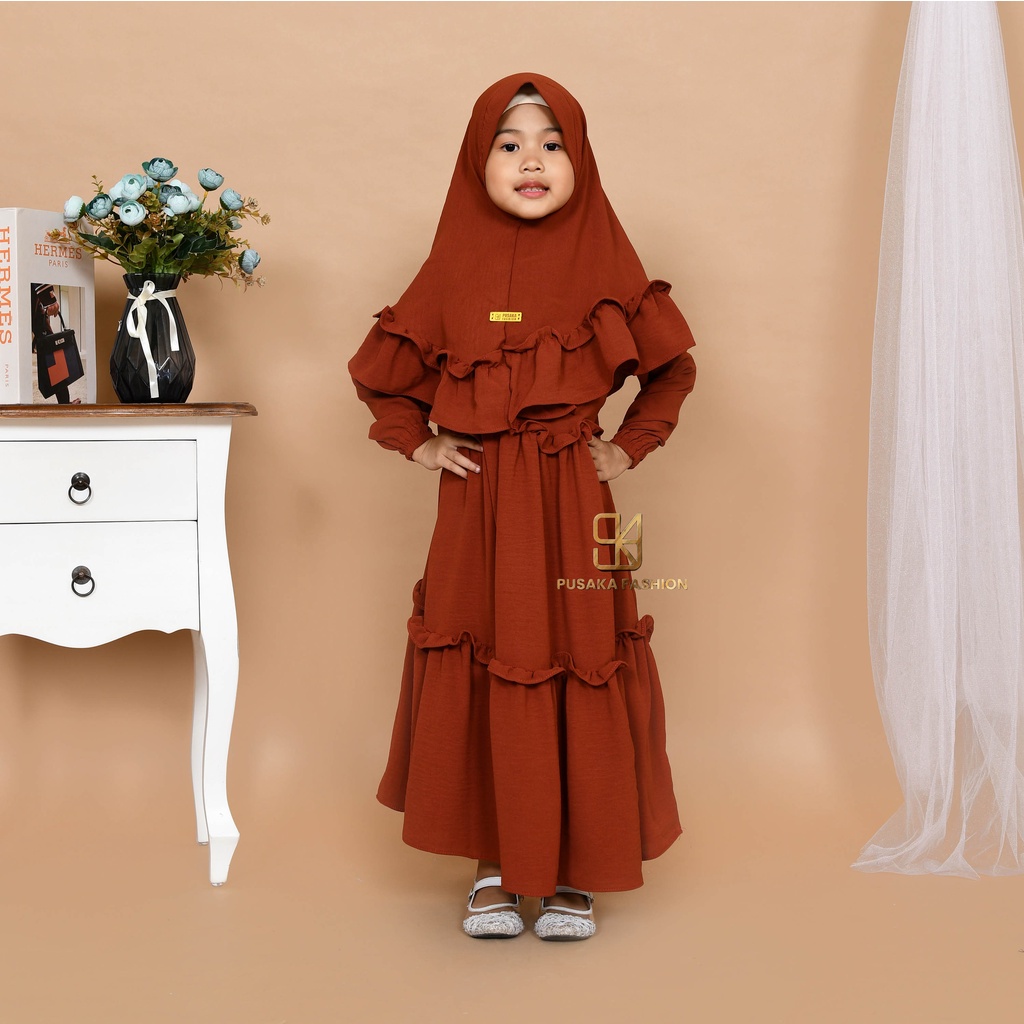 JIIRA baju gamis syari anak perempuan cringkle fashion muslim terbaru  FREE hijab khimar modern dres stelan kerudung serut susun 4 - 9 tahun manasik mengaji maulid nabi warna putih tulang hitam bata lilac lemon pink fuchia moca sagr green olive kekinian