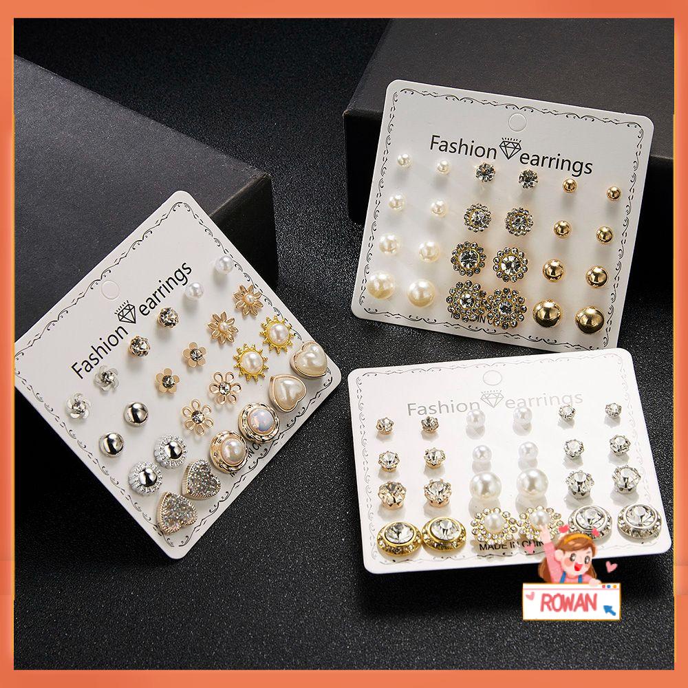 R-flower 12pasang/Set Anting Stud Set Fashion Perhiasan Tindik Berlian Imitasi Geometris