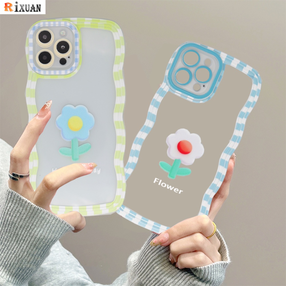 IPHONE Case Fashion Cocok Untuk Iphone11 14 12 13 Pro MAX iPhone7 8plus 6s Plus XR 14Plus XS MAX SE 2020kas Bening Warna Permen Kotak-Kotak Bergelombang Tepi Bunga Lembut TPU Penutup Belakang RIXUAN