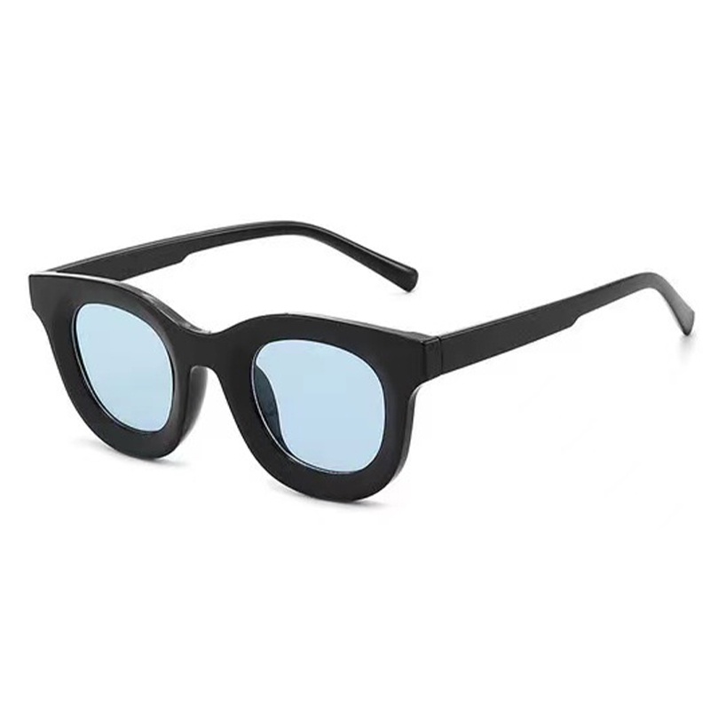Kacamata Boldie Frame Tebal Skinny Hitam Persegi Panjang Uv400 Gaya Vintage Retro Untuk Wanita Dan Pria-Biru bulat