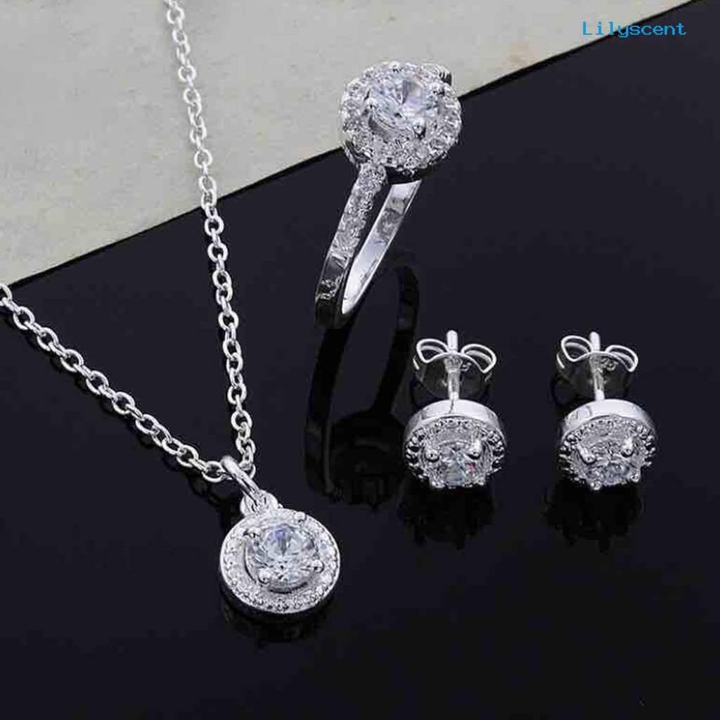 [LS] 1set Set Perhiasan Wanita Elegan Temperamen Mengkilap Berkilau Electroplating Berdandan Hadiah Cubic Zirconia Pendant Kalung Stud Anting Cincin Set Pernikahan Pernyataan