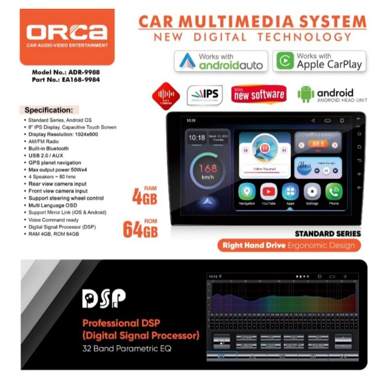 Head Unit Android 9 inch ORCA ADR 9988 New Standard RAM 4GB + ROM 64GB