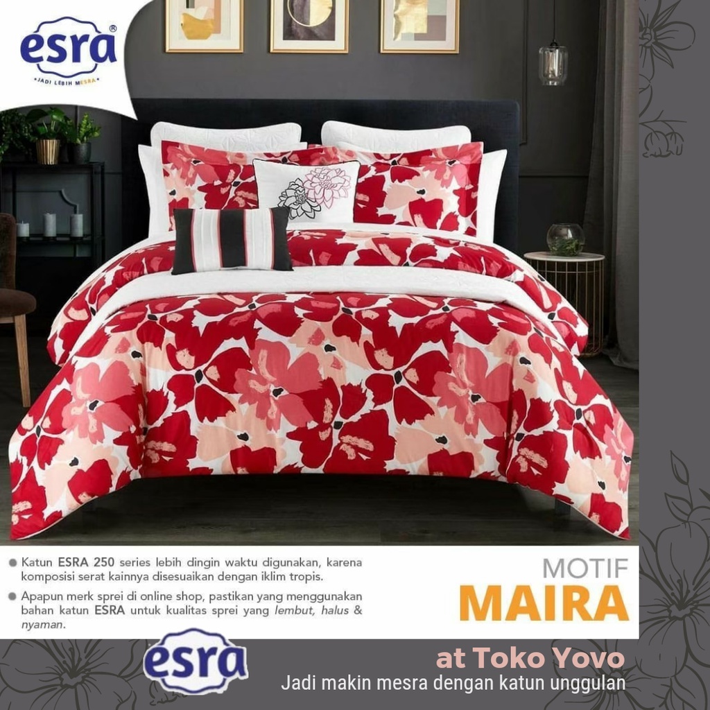 Sprei Katun Halus Esra Maira Bunga Floral Putih Merah Red White Seprei