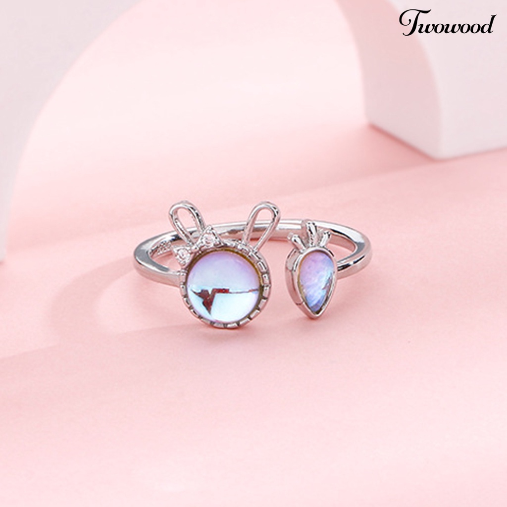 Twowood Wanita Cincin Shiny Faux Moonstone Animal Element Adjustable Opening Design Hadiah Hias Kelinci Kecil Lobak Jari Cincin Perhiasan Pesta Untuk Pacaran