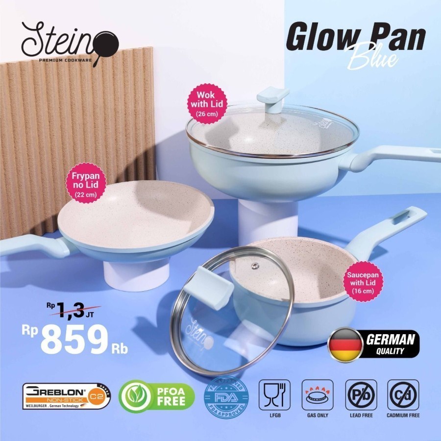 Glow Pan set 5 in 1 stein cookware blue series Panci Teflon set KHUSUS BATAM