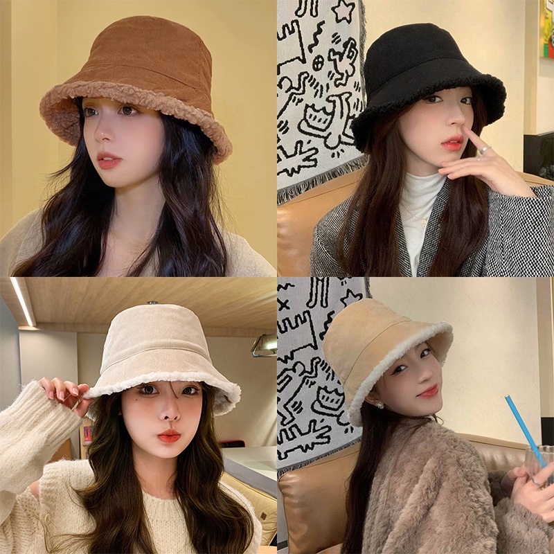 Wanita Topi Bucket Hat Menebal Retro Bulu Domba Memakai Dua Sisi Memakai Topi Nelayan Hangat