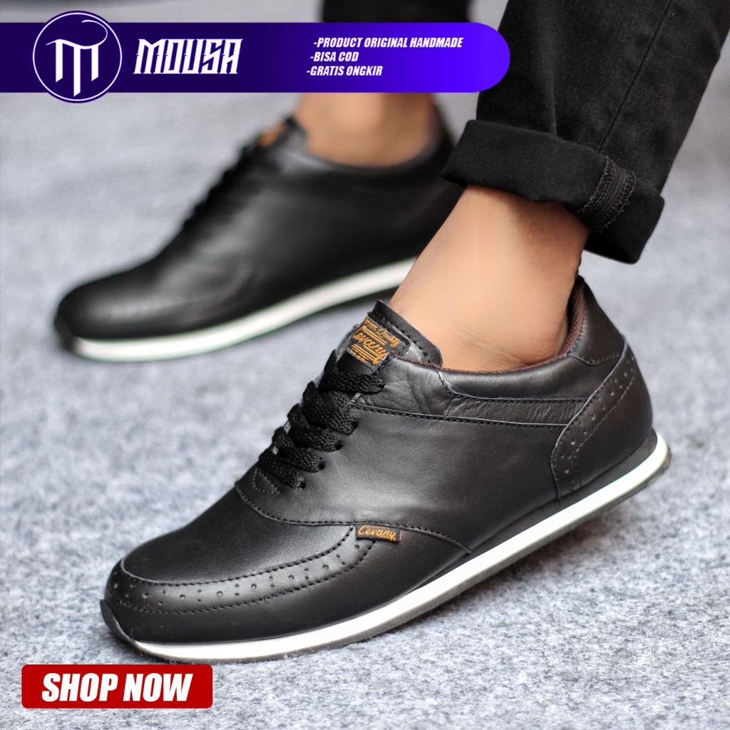 Sepatu Sneakers Kasual Pria Kulit Asli Hitam Mousa Erza