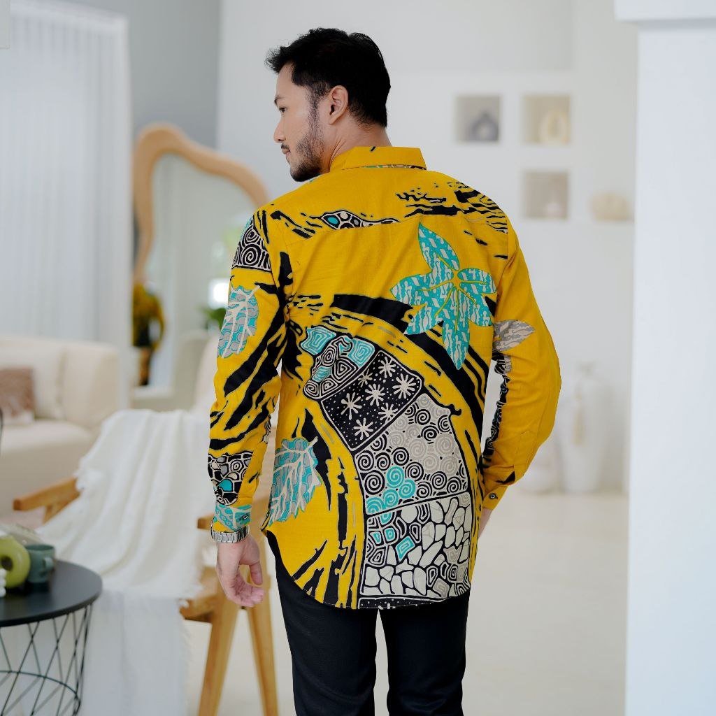 BATIK COUPLE MODERN MOTIF APRILIA KUNING KEMEJA &amp; TUNIK KANCING DEPAN BATIK ATASAN BATIK WANITA BATIK PRIA