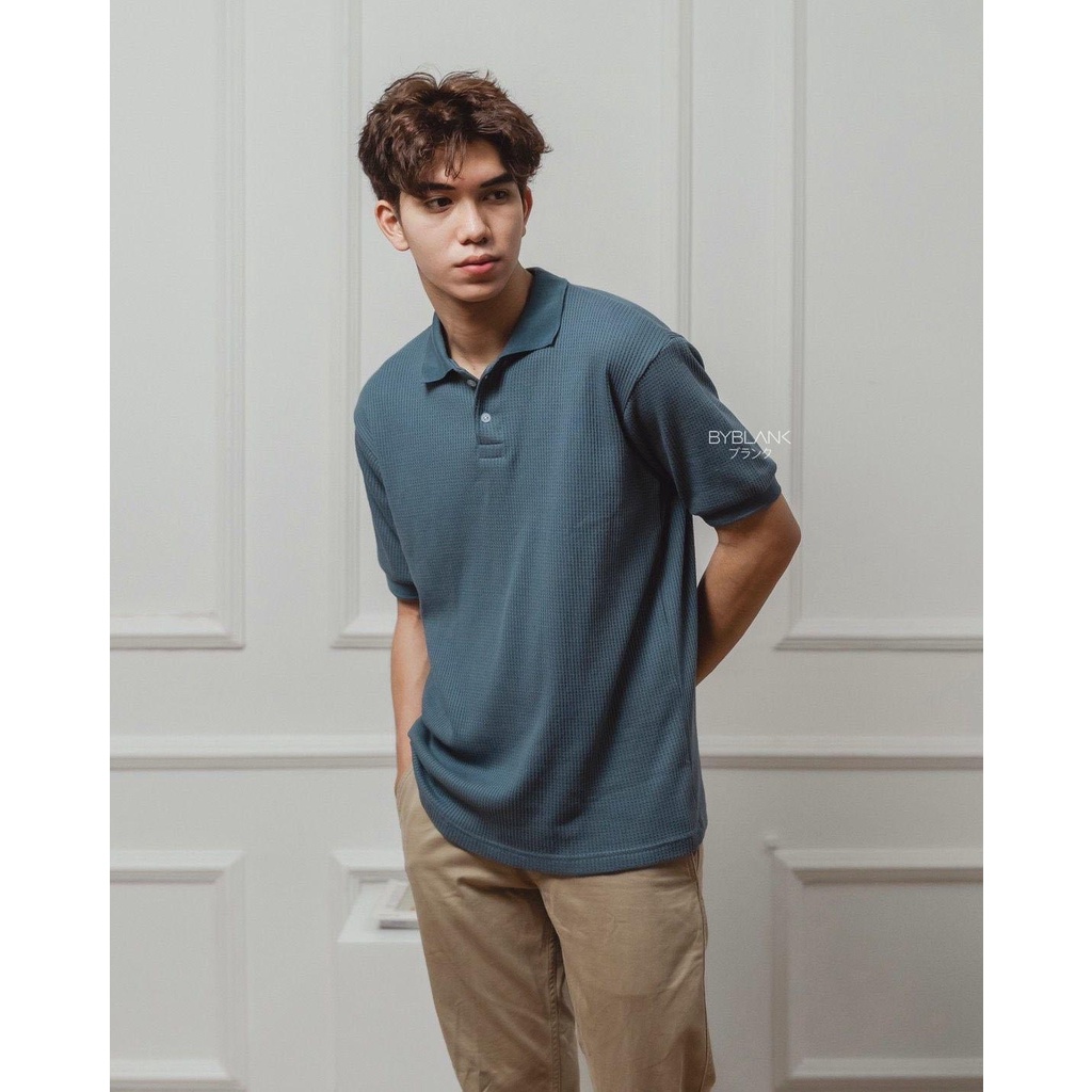 SHIBUYA POLO WAFFLE - Kaos Polo Waffle in Stone Blue