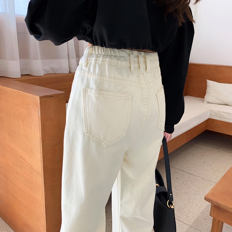 Boyfriend Pinggang Karet Jeans Highwaist Loose Celana Jeans Wanita Fashionable