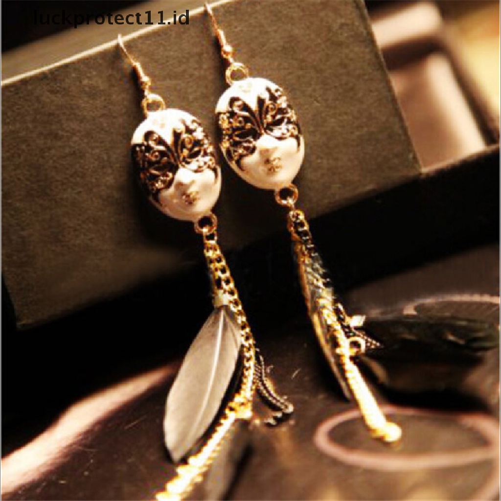 /Fashion Hot// Fashion// Vintage Baroque Chain Feather Tassel Chain Mask Anting Panjang Drop Untuk Wanita.