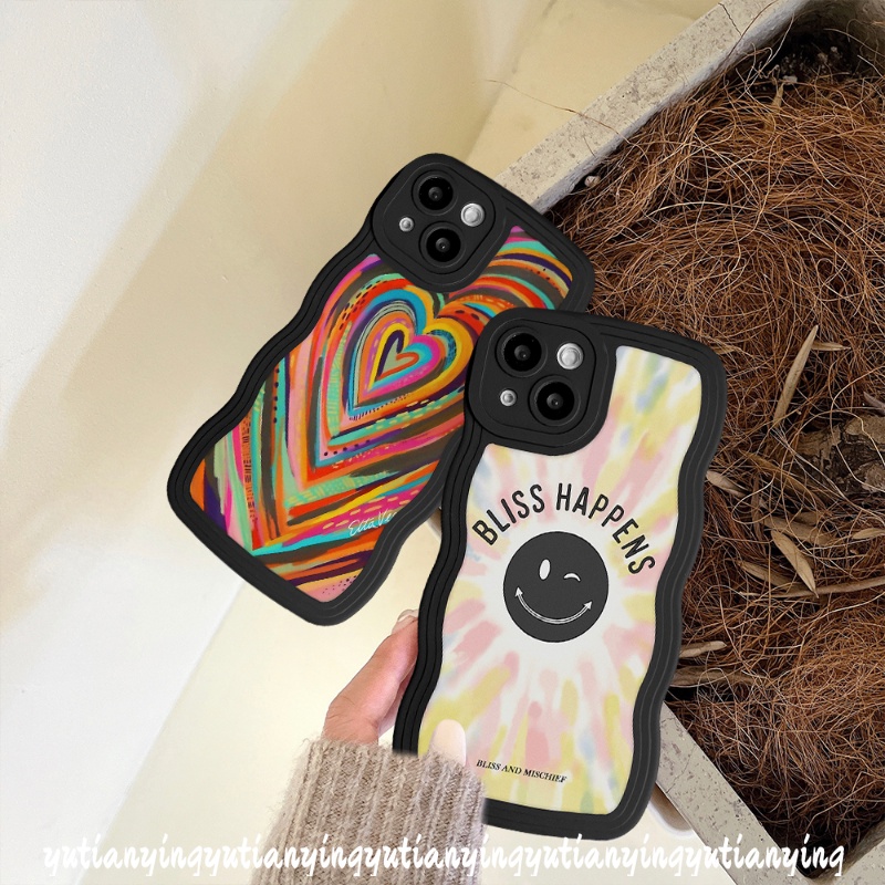 IPHONE Casing Ponsel Smiley Lucu Kompatibel Untuk Iphone11 12 14 13 Pro Max 6 6s 7 8 Plus XR 14 Plus X XS Max SE 2020 Ins Gradasi Warna-Warni Cinta Hati Pelangi Bergelombang Tepi Lembut TPU Cover