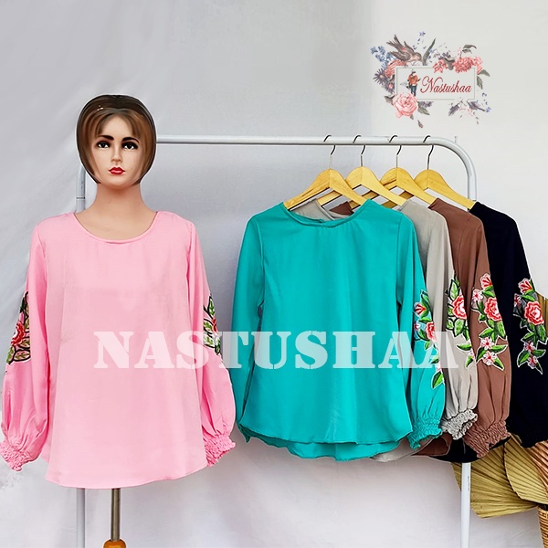 Atasan Blouse Wanita Polos Lengan Balon Top Wanita Wollycrepe Lengan Karet Kanan Kiri Motif Bordir Bunga Cantik