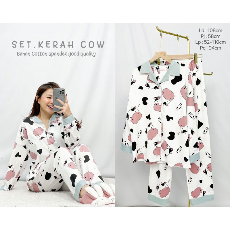 MDLV ~ Baju Tidur Piyama Set Kerah Cow PP Blue Katun Spandek Good Quality