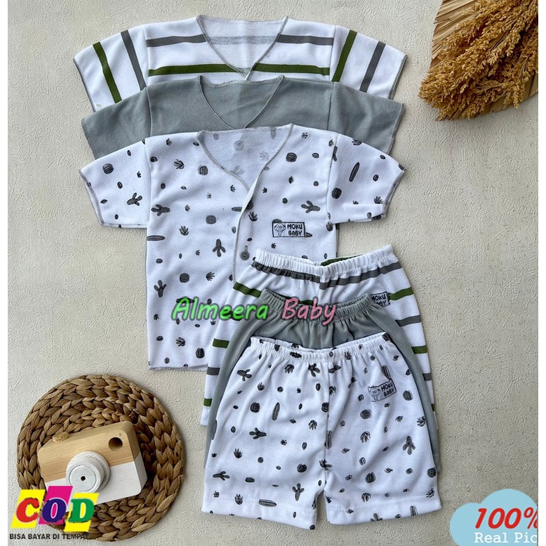 Isi 3 Setelan Baju Bayi Lengan Pendek Kancing Depan Usia 0-3 Bulan Anababy