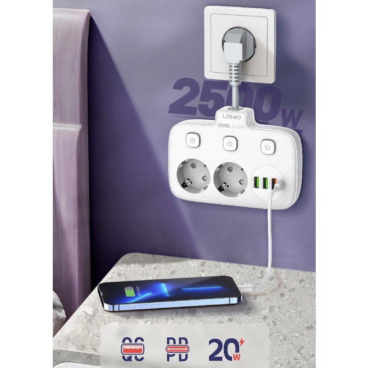 LDNIO SE2435 - Colokan Listrik 2 Lubang dengan USB-A dan USB-C PD 20W