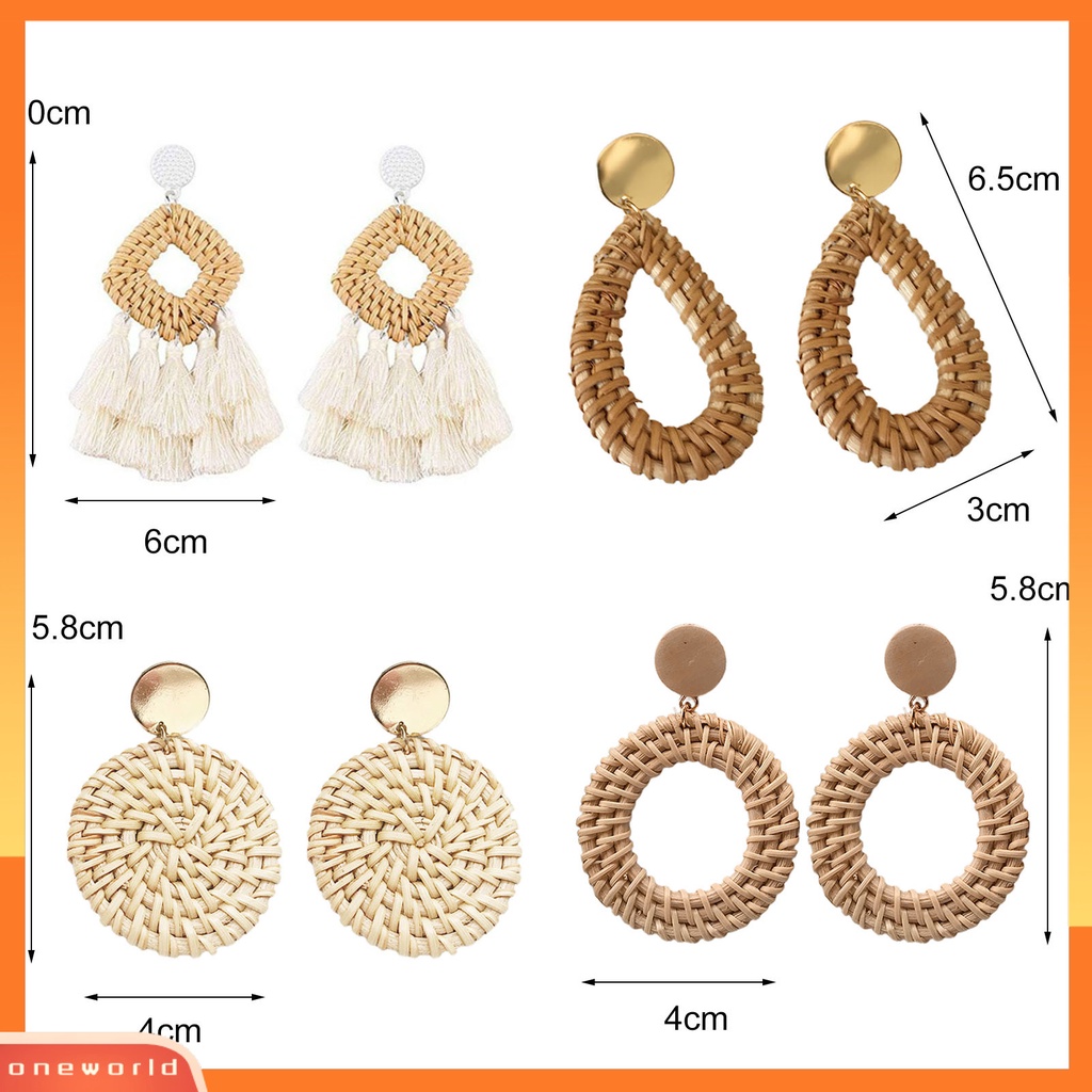 [WONE] 4pasang Anting Rotan Geometris Handmade Braided Wanita Bohemian Anting Rumbai Untuk Pacaran