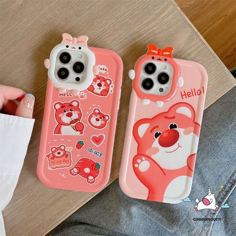 IPHONE Casing Kartun Strawberry Bear Manyo Sweet Case Kompatibel Untuk Iphone11 14 13 12 Pro Max8 7 6s 6 Plus XR XS Max14Plus X Se2020Lucu 3D Busur-Simpul Monster Kecil Lensa Soft Cover