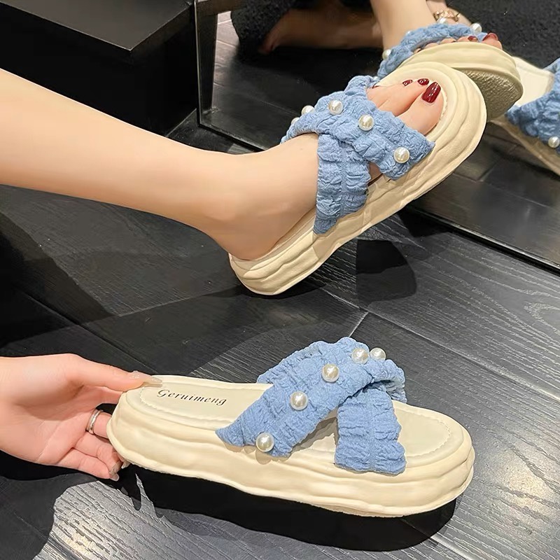 GN-000-1 Sandal Selop Wedges Korean Style Model Mutiara Tali Silang Yesplus PCU