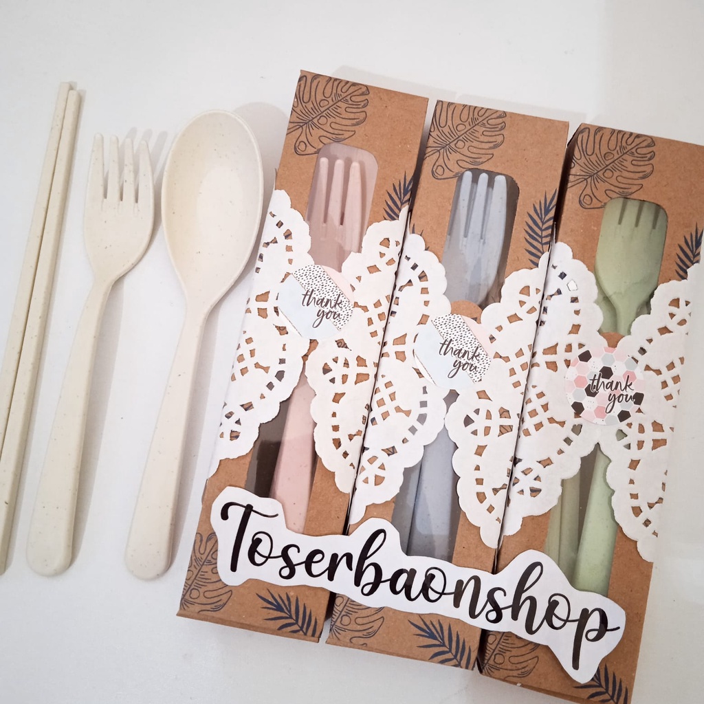 NEW  SOUVENIR PERNIKAHAN TRAVEL SET SENDOK GARPU SUMPIT JERAMI KEMASAN PAPER BOX RUSTIC VINTAGE