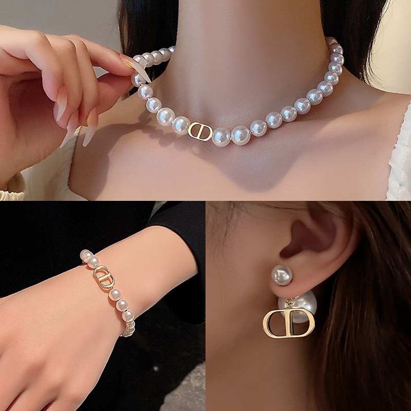 Fashion Mutiara Kalung Gelang Huruf Anting Untuk Wanita Elegan Emas Choker Stud Earring Set Perhiasan Aksesoris