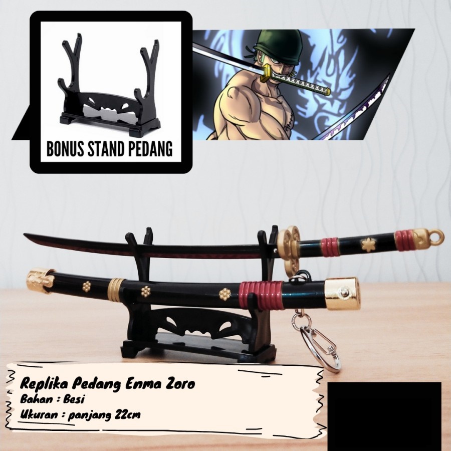 Miniatur Pedang Roronoa Zoro Enma Kozuki wano hitam Anime one piece panjang 22cm Gantungan kunci bah