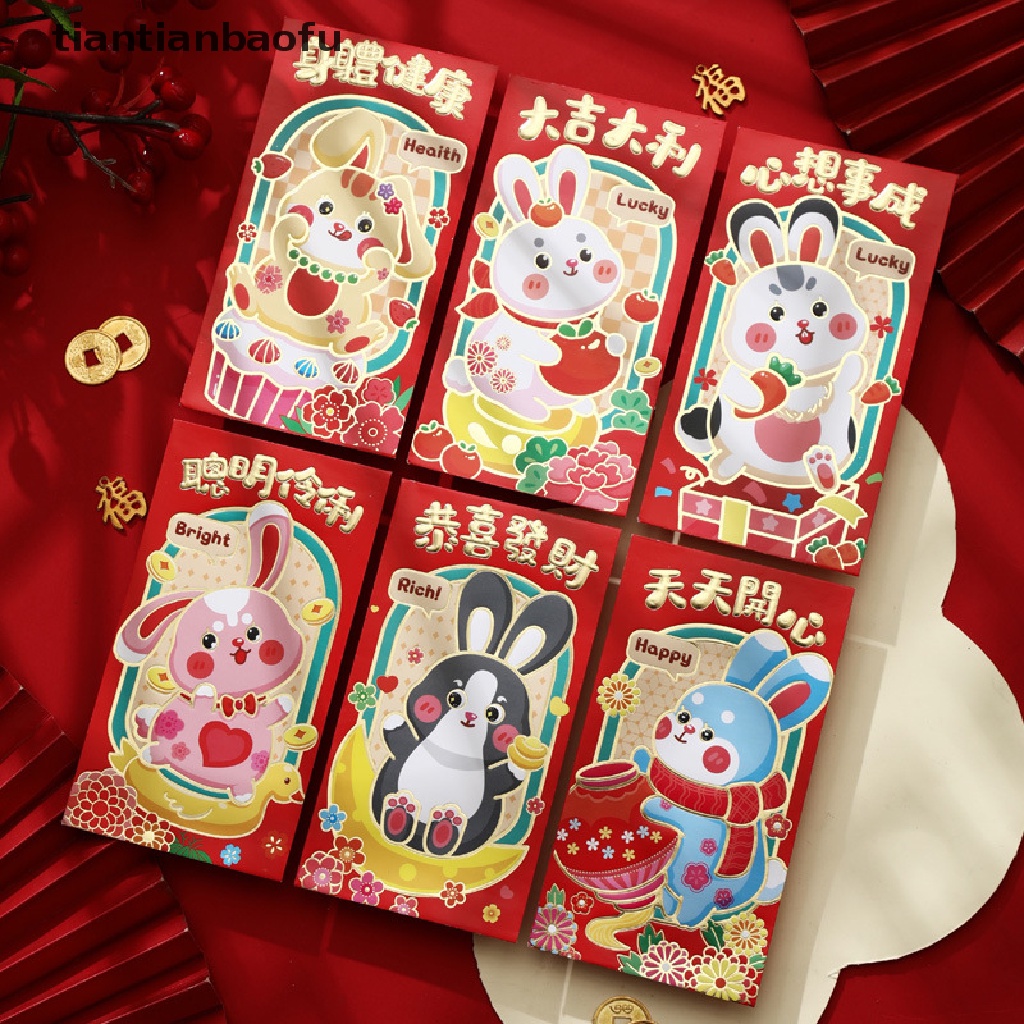 [tiantianbaofu] 6 Pcs 2023tahun Kelinci Festival Musim Semi Tahun Baru Yunani Amplop Merah Kreatif Kartun Shio Cina Kelinci Beruntung Merah Paket Butik