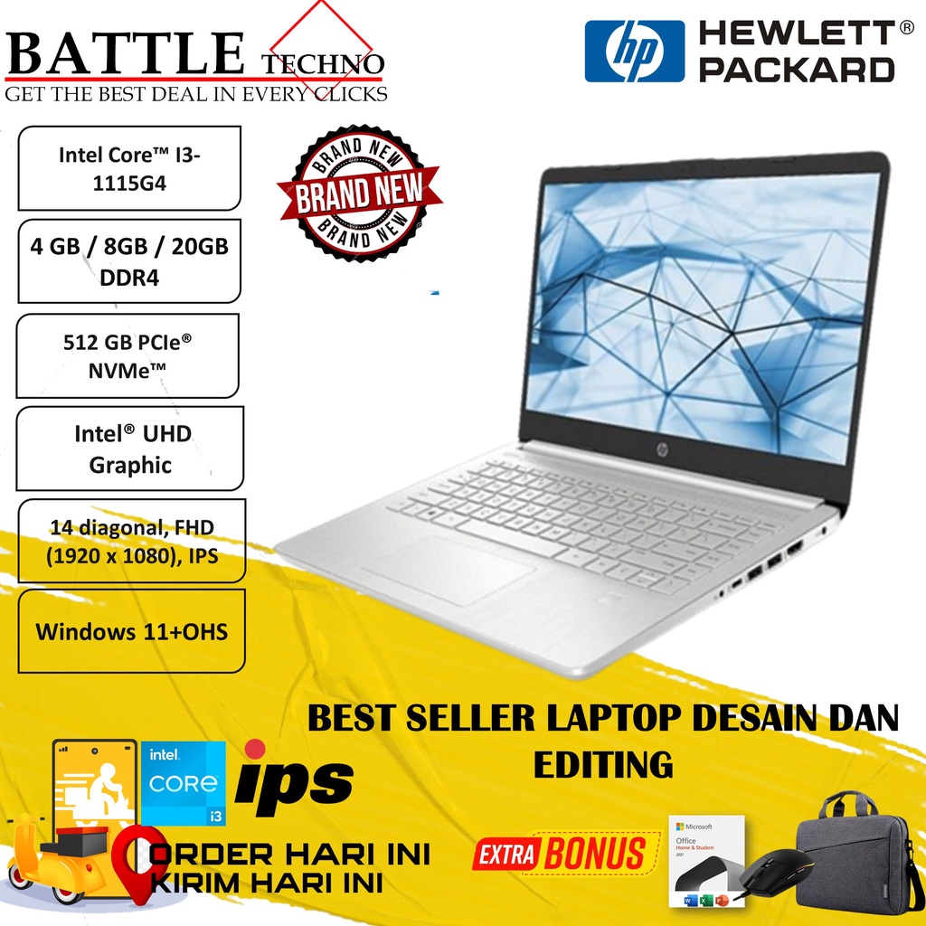 LAPTOP SLIM HP 14S DQ2614TU INTEL I3 1115G4 20GB 512GB 14 FHD IPS BACKLIT WIN11HOME TERMURAH