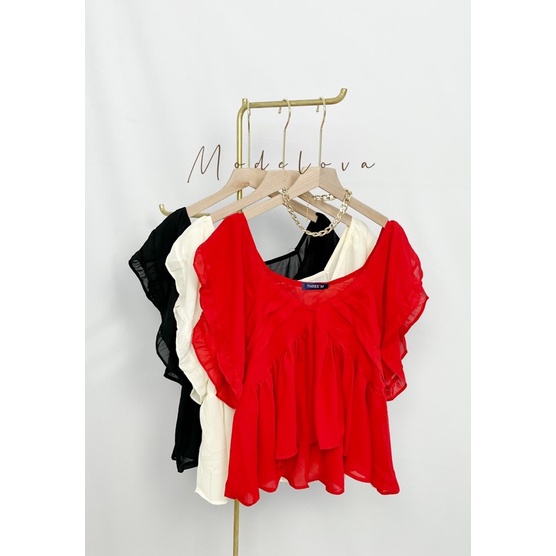 MDLV ~ 5929# Griselda Asymmetric Ruffle Top Blouse Import