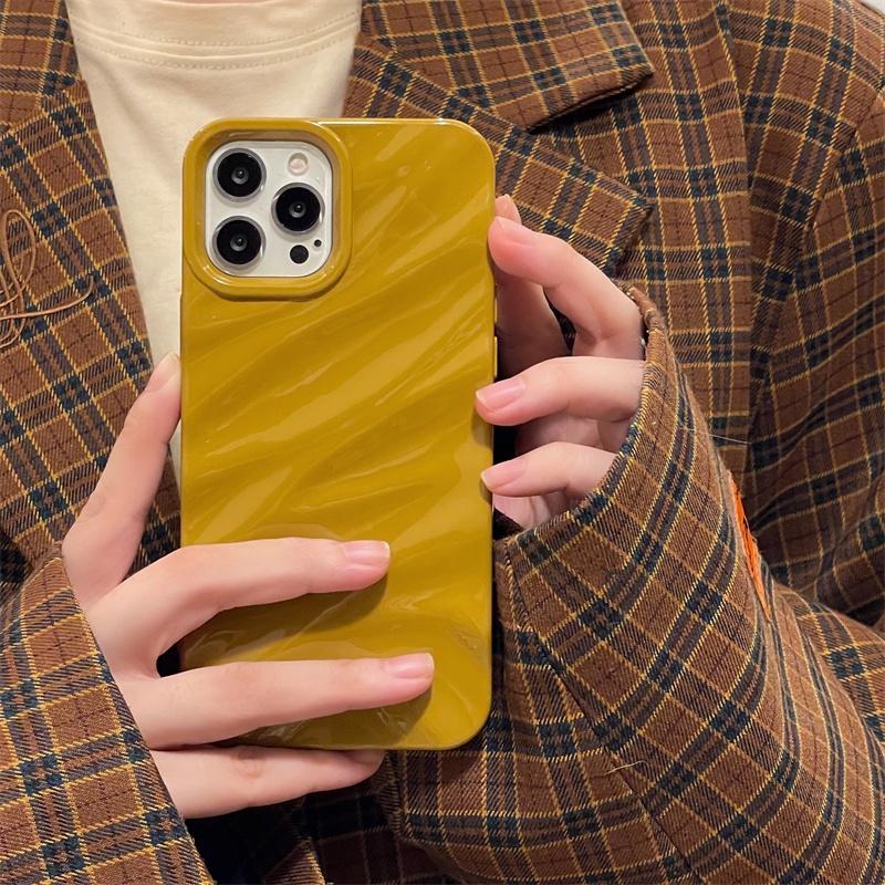 IPHONE Casing Kuning Jahe Cerah Trendy Untuk Iphone11 12 13 14 Pro Max 14Plus Wavy Fall Arrest Case