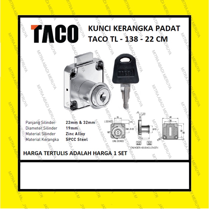 Kunci Laci Lemari Kerangka Padat 22 mm TACO LOCK TL - 138 - 22 mm
