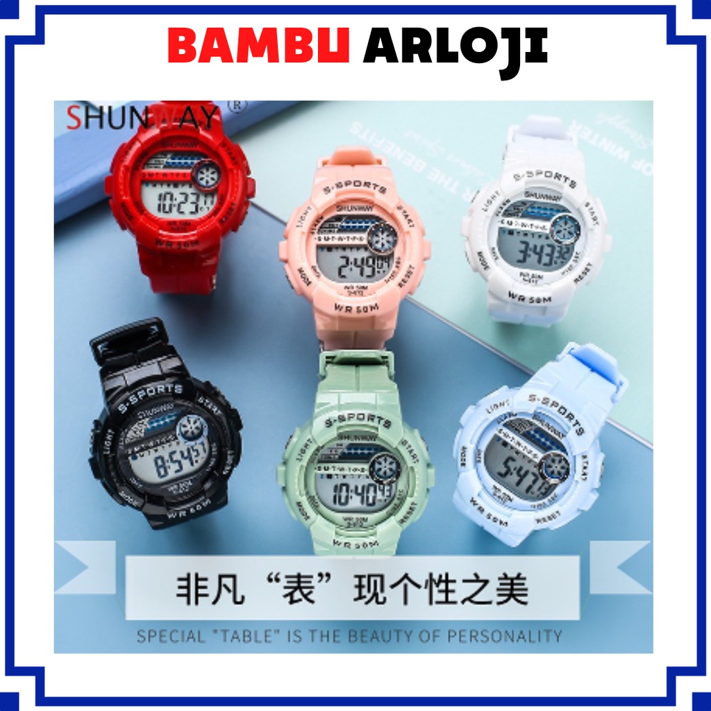 BA JAM TANGAN PRIA WANITA TAHAN AIR SHUNWAY DIGITAL RUBBER SPORT BULAT LED GROSIR MURAH IMPORT JF076