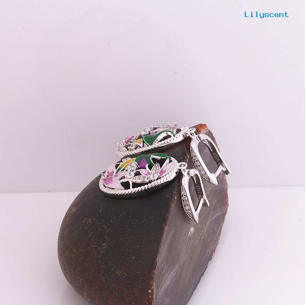 [LS] Lady Enamel Bunga Berlian Imitasi Oval Menjuntai Anting Kalung Cincin Perhiasan Hadiah