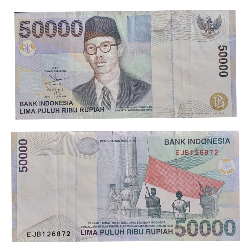 Uang Kuno Negara Indonesia 50.000 50rb Wr Supratman Tahun 1999 Kondisi AXF Kertas Renyah Original 10