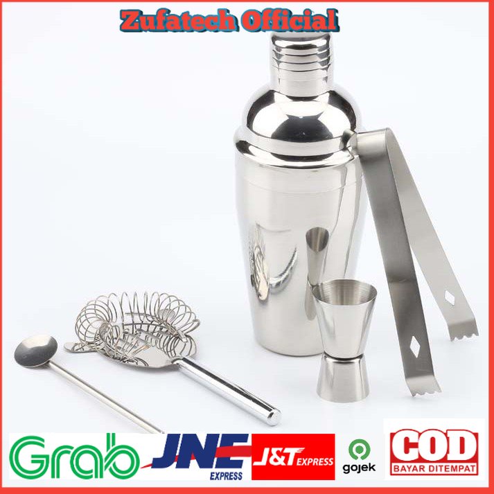 OneTwoCups Bartender Drink Bar Set Cocktail Shaker Stainless Steel 5 in 1 - AY8837 - Silver